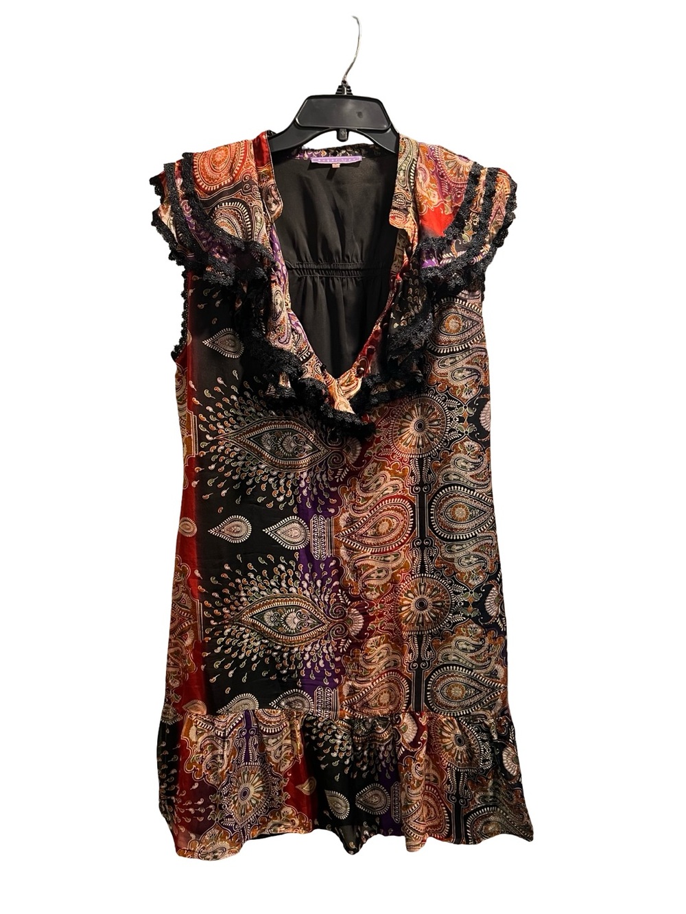 Sugarlips Black Dress Purple Paisley Trim Boho Printed Mini Midi Size M